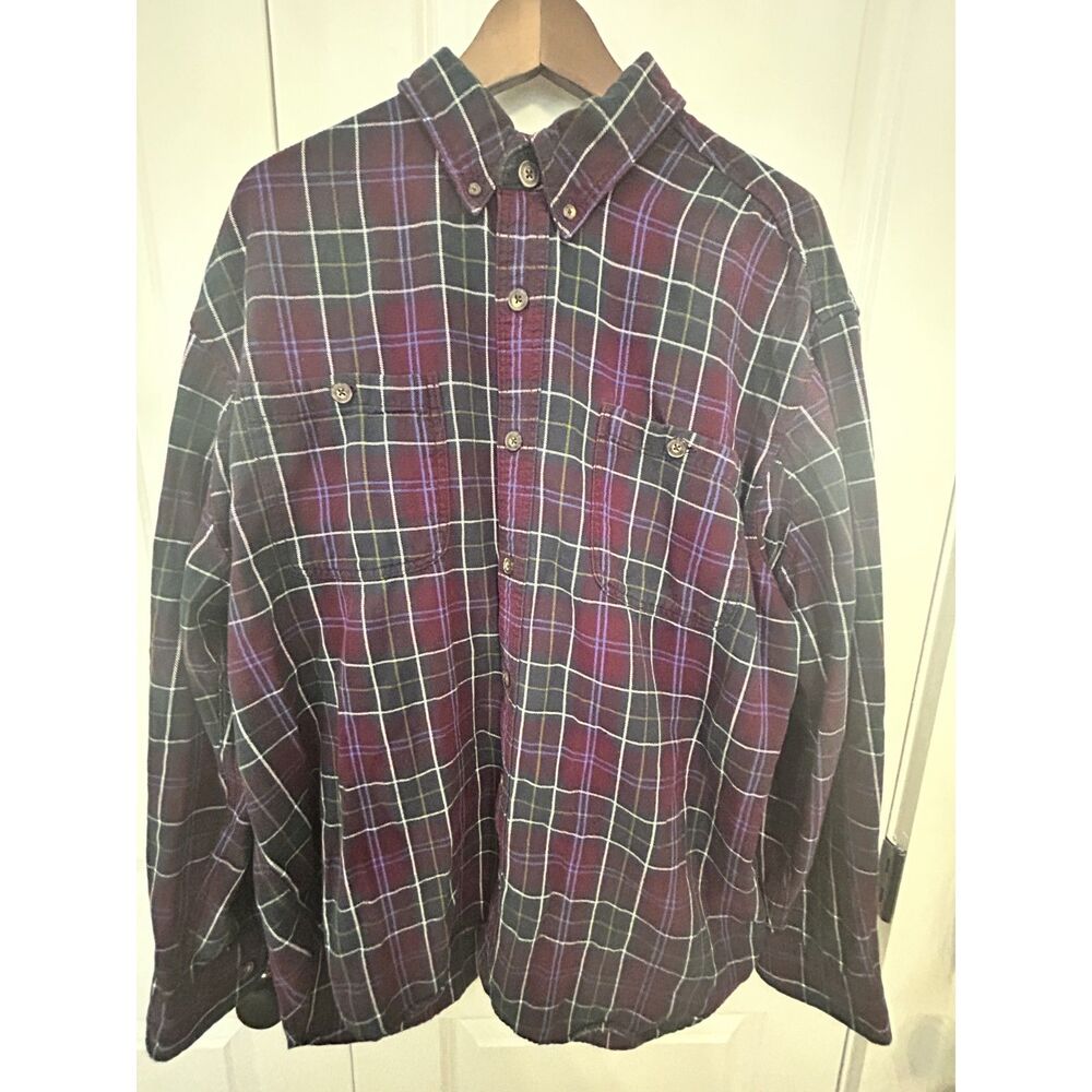 Duluth Trading Co Free Swingin Flannel Shirt Mens XL Burgundy Navy Plaid Cotton